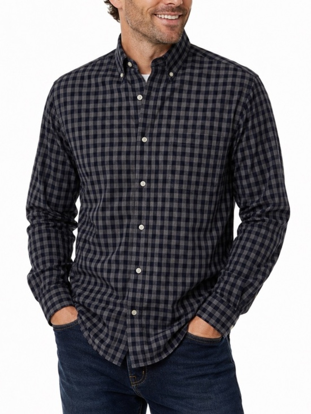 Men’s Navy Blue Gingham Check Button Down Shirt Long Sleeve Casual Large